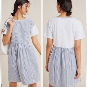 NWT Anthropologie Dress 100% Cotton Mixed Media Shift Blue White Stripe